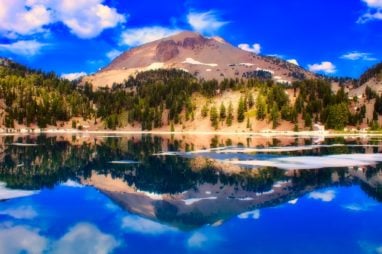 Mountain reflected in water in Lassen Volcanic National Park