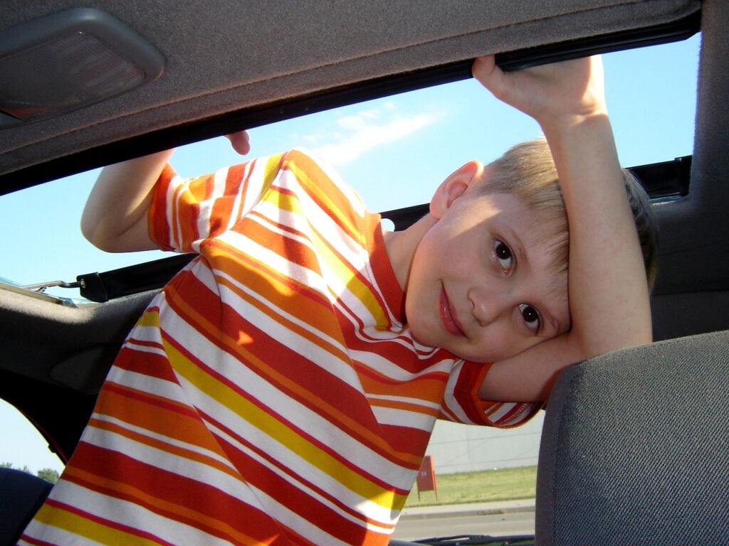 Boy smiling in parked car