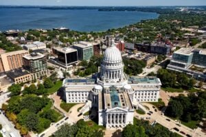 aerial view of Madison, Wi capitol building and surrounding city