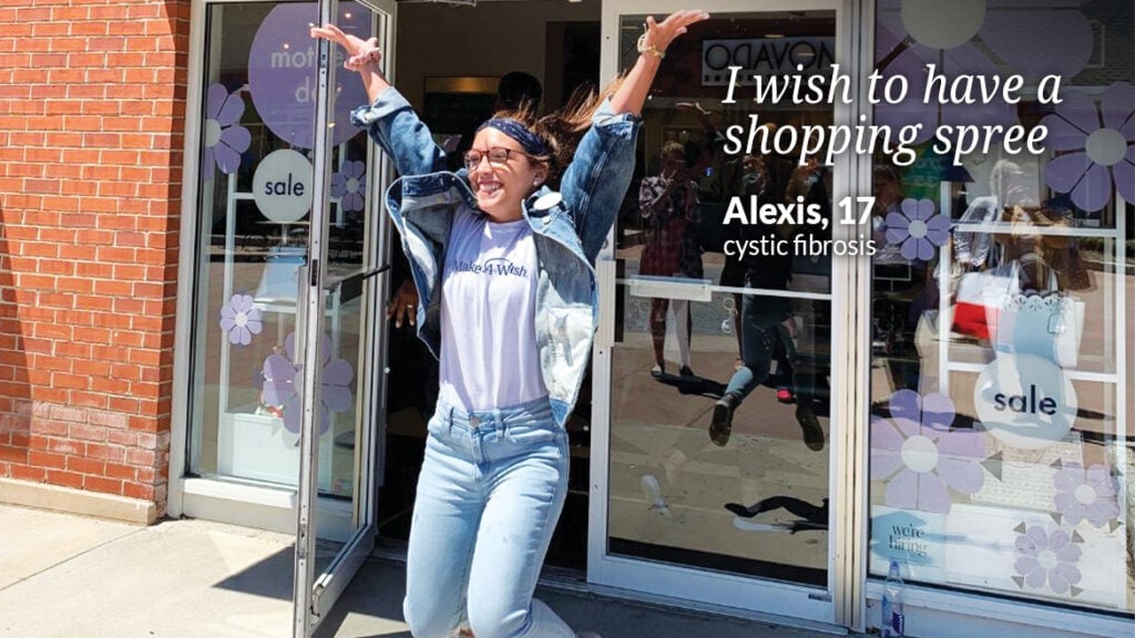 photo of wish kid, Alexis, outside of a store, happy, on a shopping spree