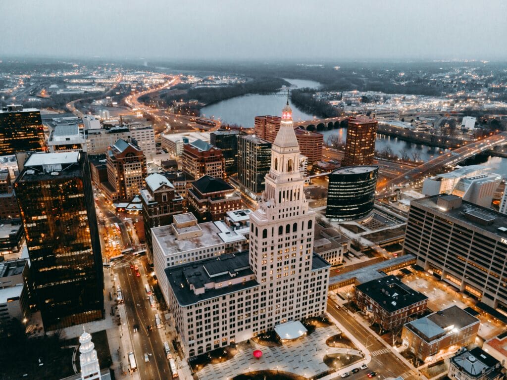 Birds eye view of Hartford, CT downtown