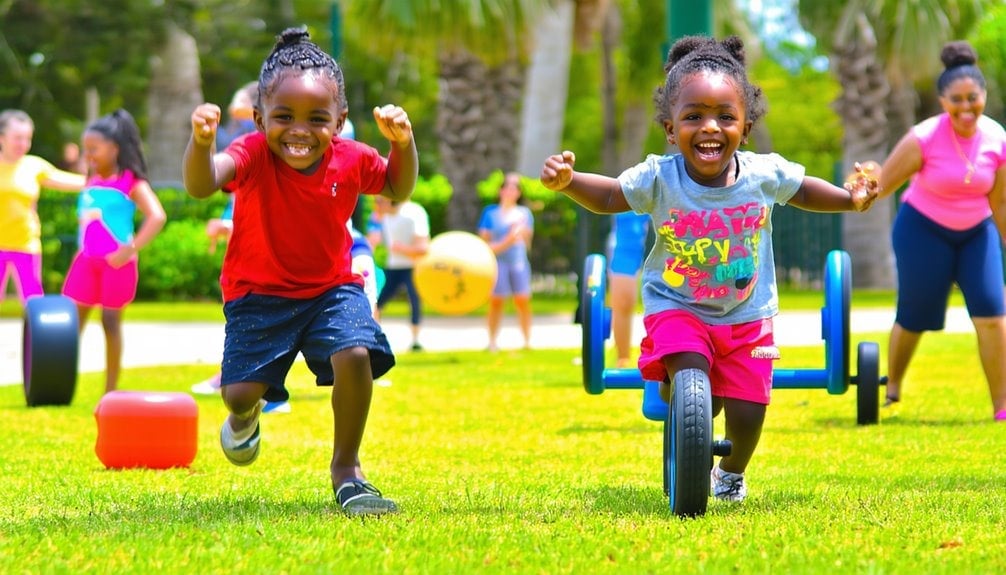 Happy kids running in grass field in Oakland, California.