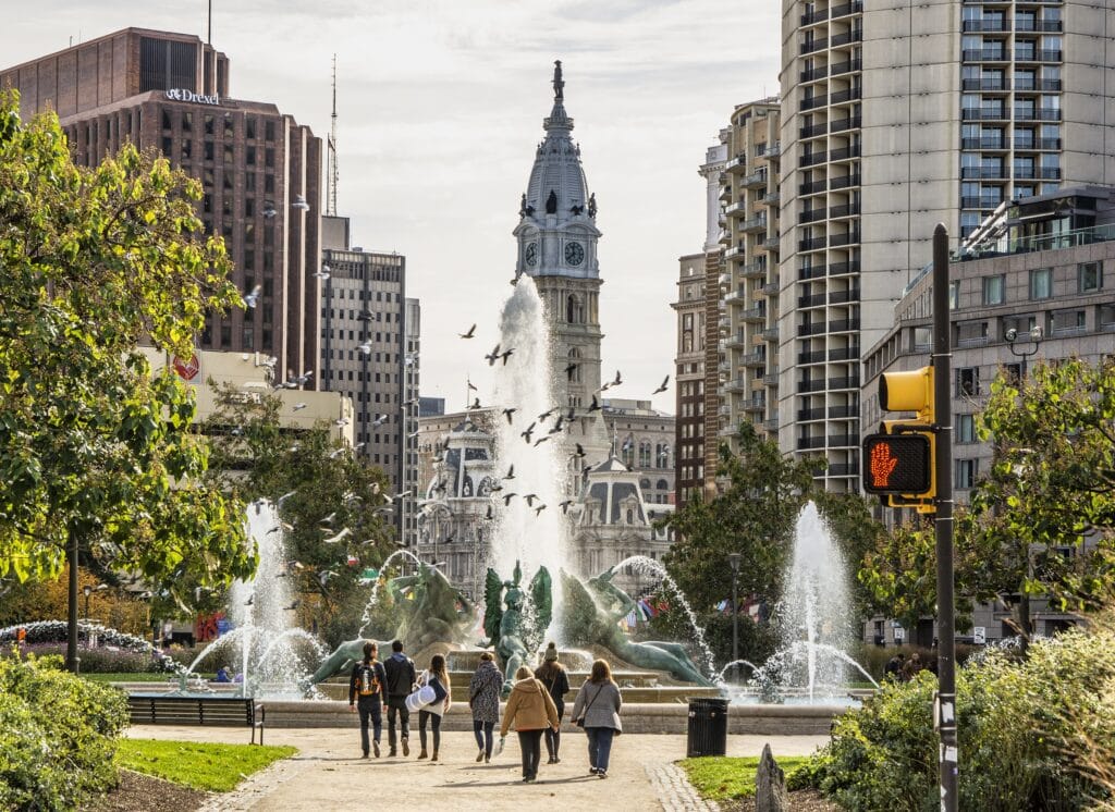 View of fountain and city in Philadelphia